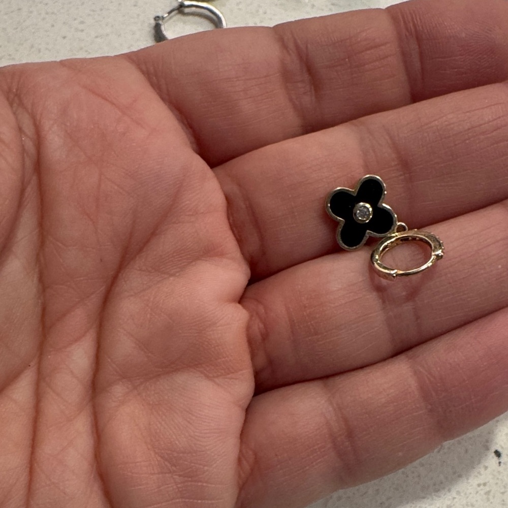 Gold-Tone Black Clover Drop Earrings with Crystal Center - Picture 3 of 4